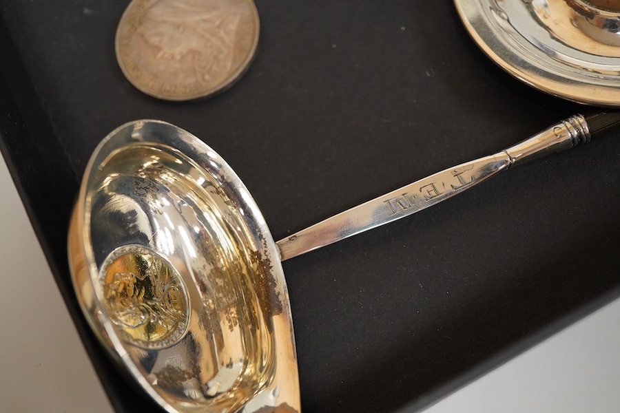 Four crowns together with other silver to include pin dishes, toddy ladle and a brush